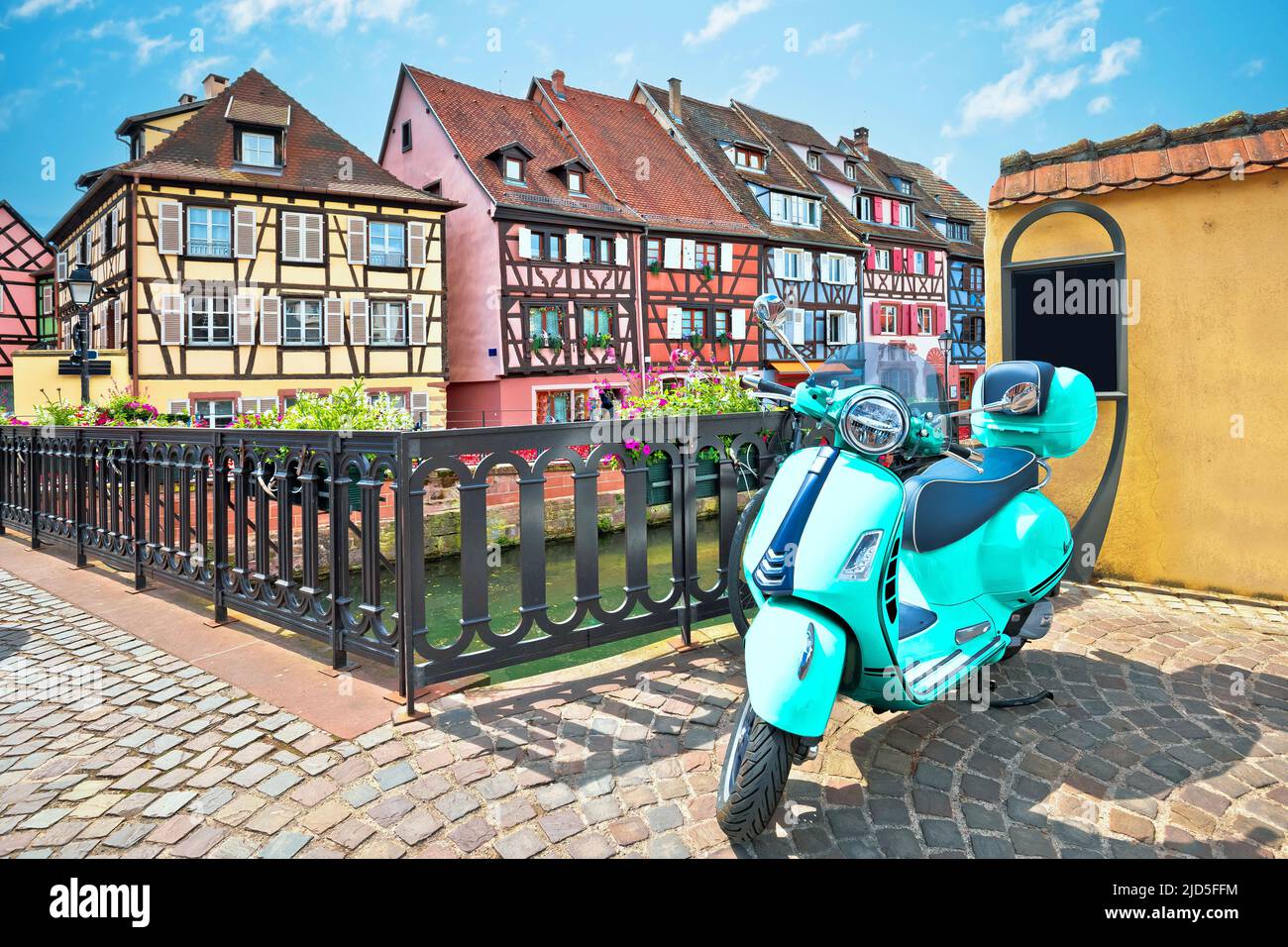 Colorful historic town of Colmar street architecture and flowers view, Alsace region of France Stock Photo
