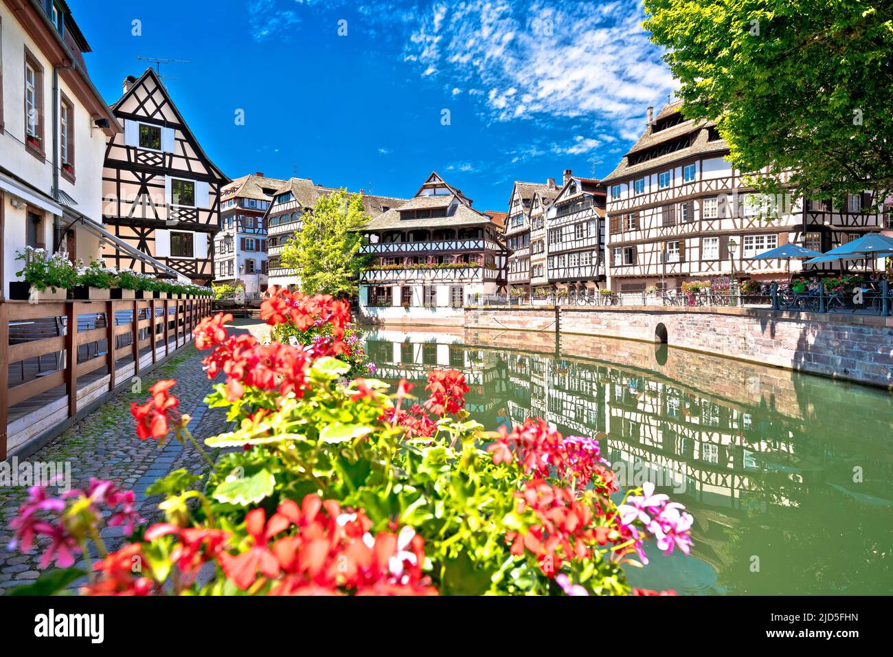 Town of Strasbourg canal and historic architecture in historic Little French quarters, Alsace region of France Stock Photo