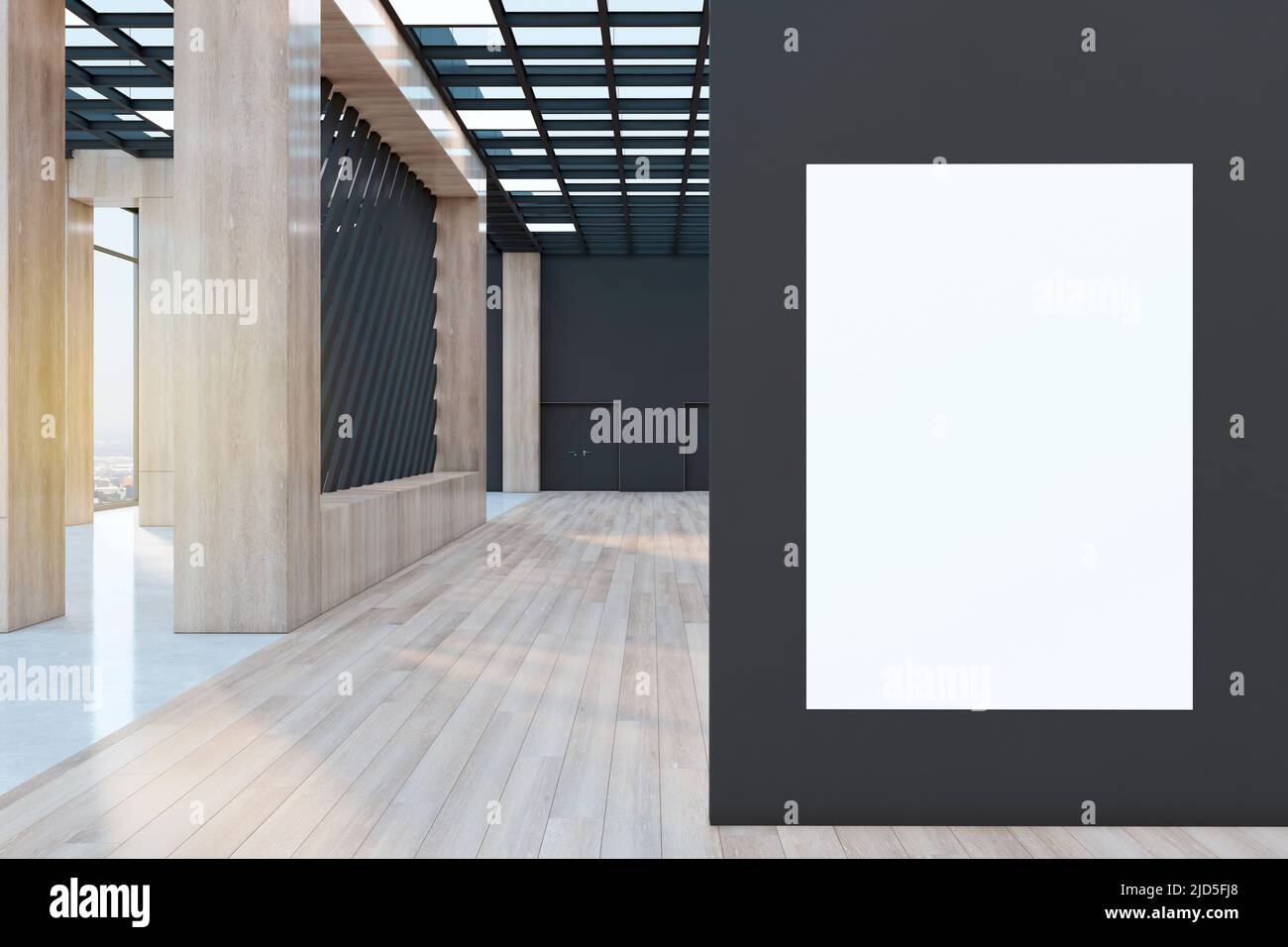 Blank white poster on black wall in empty abstract hall with wooden ...