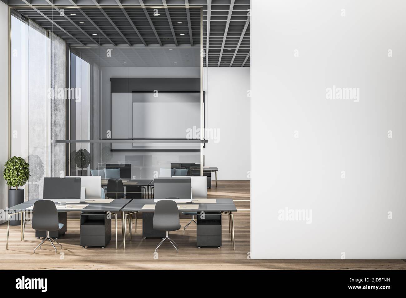 Blank light wall in modern stylish open space office with black work places divided by transparent glass partitions and wooden floor. 3D rendering, mo Stock Photo