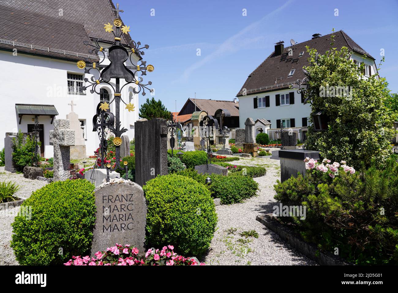 Grave of painter and Der Blaue Reiter member Franz Marc and his wife Maria at the cemetery of St. Michael church, Kochel, Bavaria, Germany, 18.6.22 Stock Photo