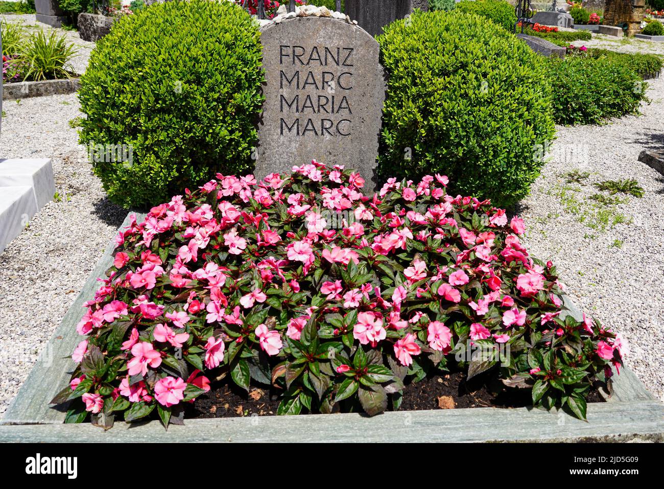 Grave of painter and Der Blaue Reiter member Franz Marc and his wife Maria at the cemetery of St. Michael church, Kochel, Bavaria, Germany, 18.6.22 Stock Photo