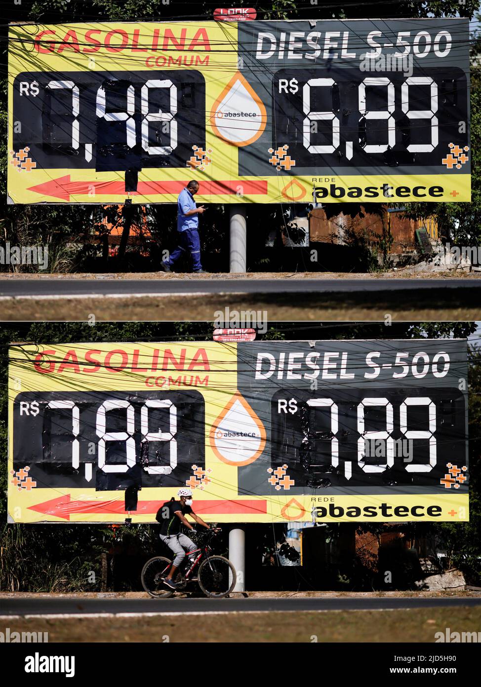 A combination picture shows gasoline and diesel prices displayed near a gas station on June 17, 2022 (top), and after the updated fuel prices at the Brazilian oil company Petrobras in Brasilia, Brazil June 18, 2022. REUTERS/Ueslei Marcelino Stock Photo