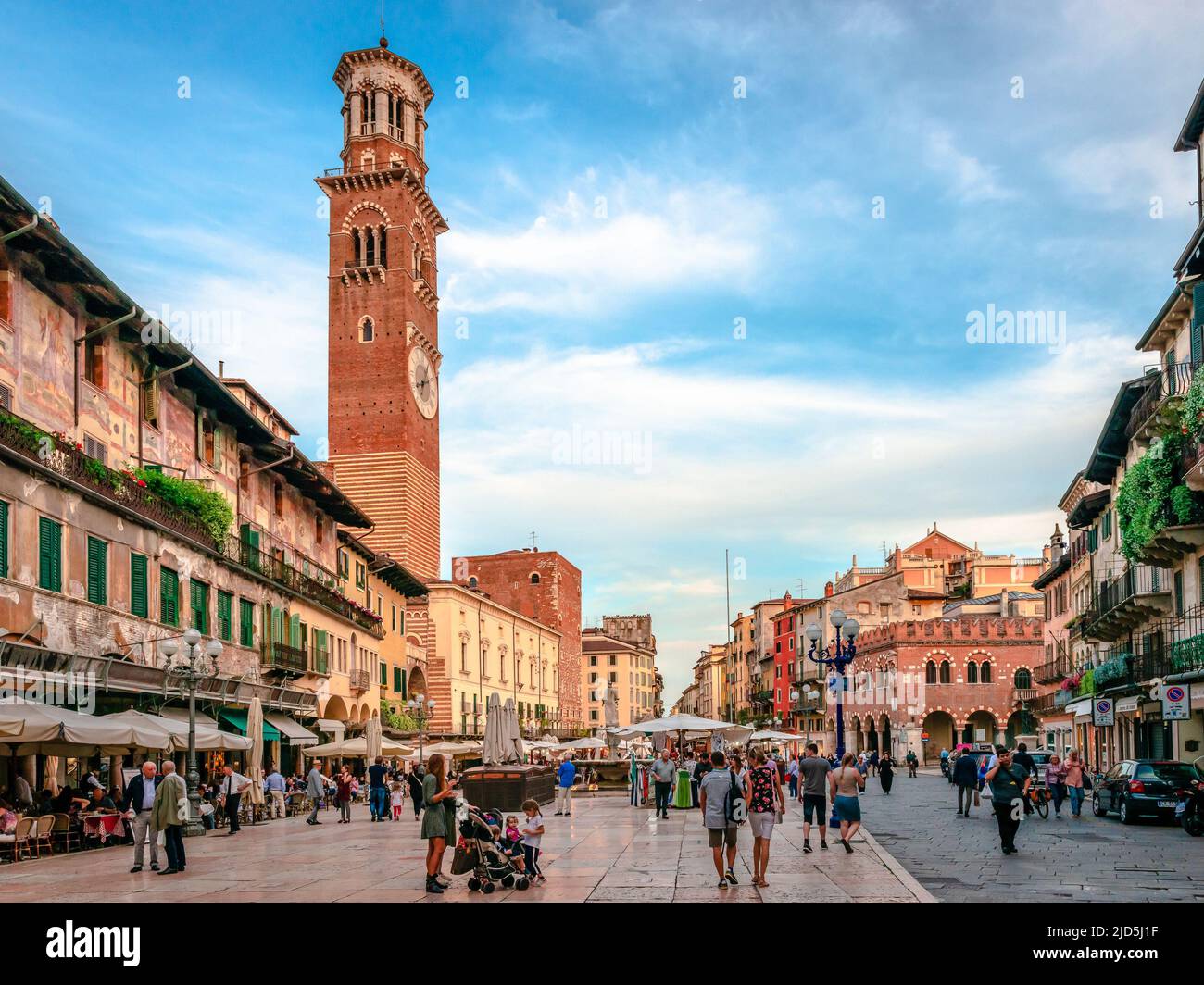 Piazza delle Erbe (Market's square), with Torre dei Lamberti, a medieval 84 m high tower, in the historic old centre of Verona, Italy. Stock Photo