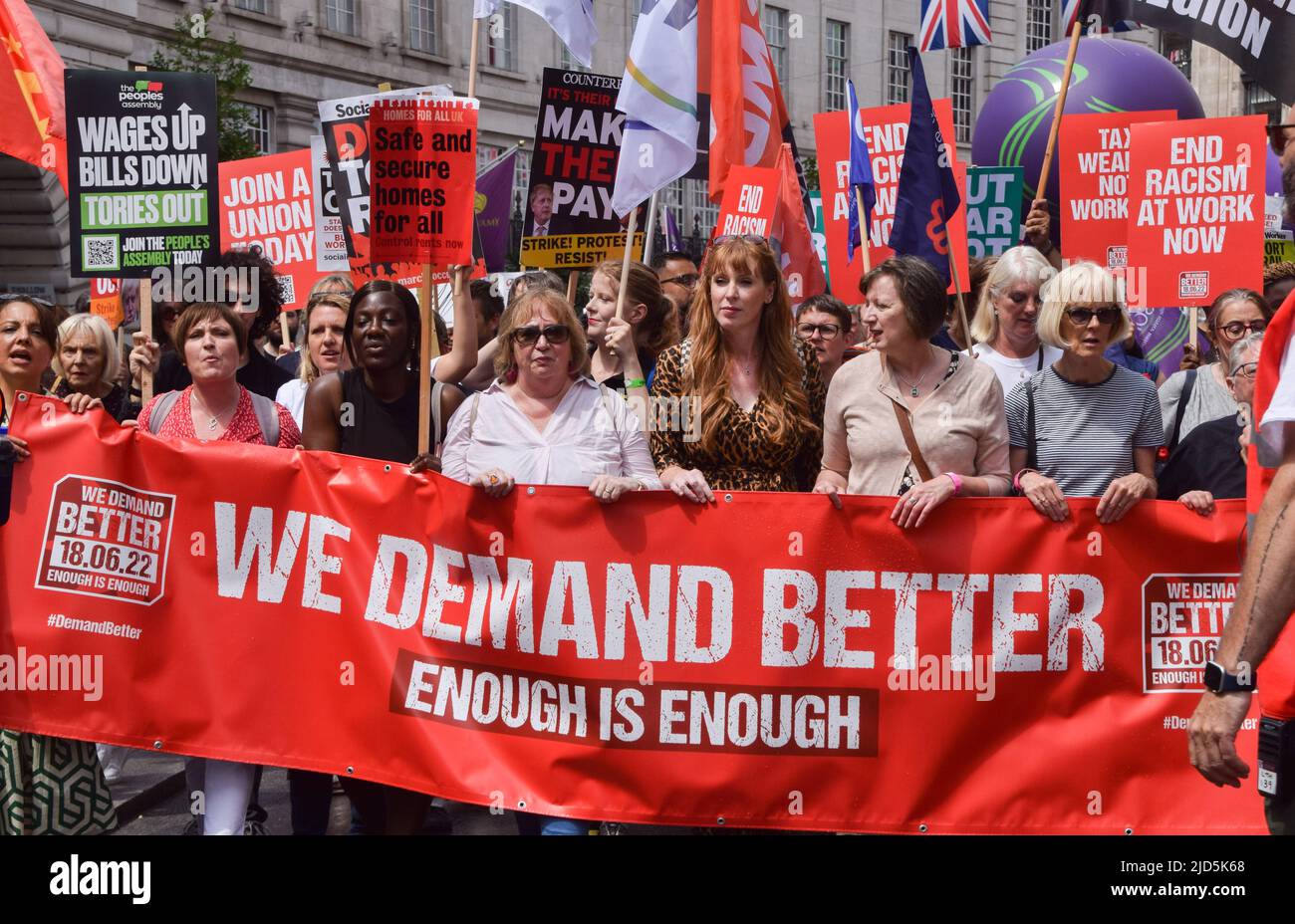 London, UK. 18th June 2022. Labour deputy leader Angela Rayner with trade union leaders Frances O'Grady, Christina McAnea, and Sue Ferns in Regent Street. Thousands of people and various trade unions and groups marched through central London in protest against the cost of living crisis, the Tory Government, the Rwanda refugee scheme and other issues. Credit: Vuk Valcic/Alamy Live News Stock Photo