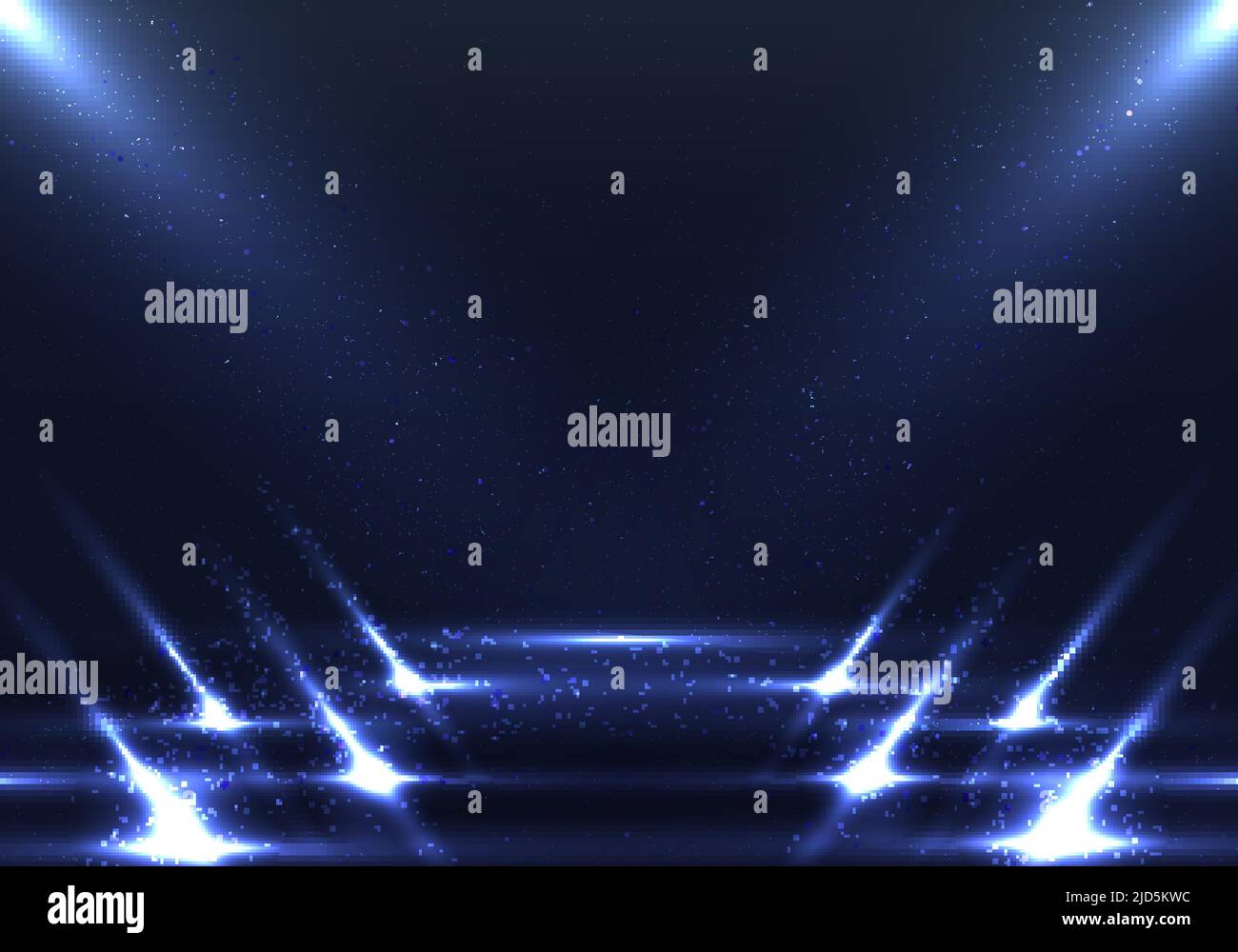 Empty fashion runway stage blue scene background with walkway spotlights and dust particles. Vector graphic illustration Stock Vector