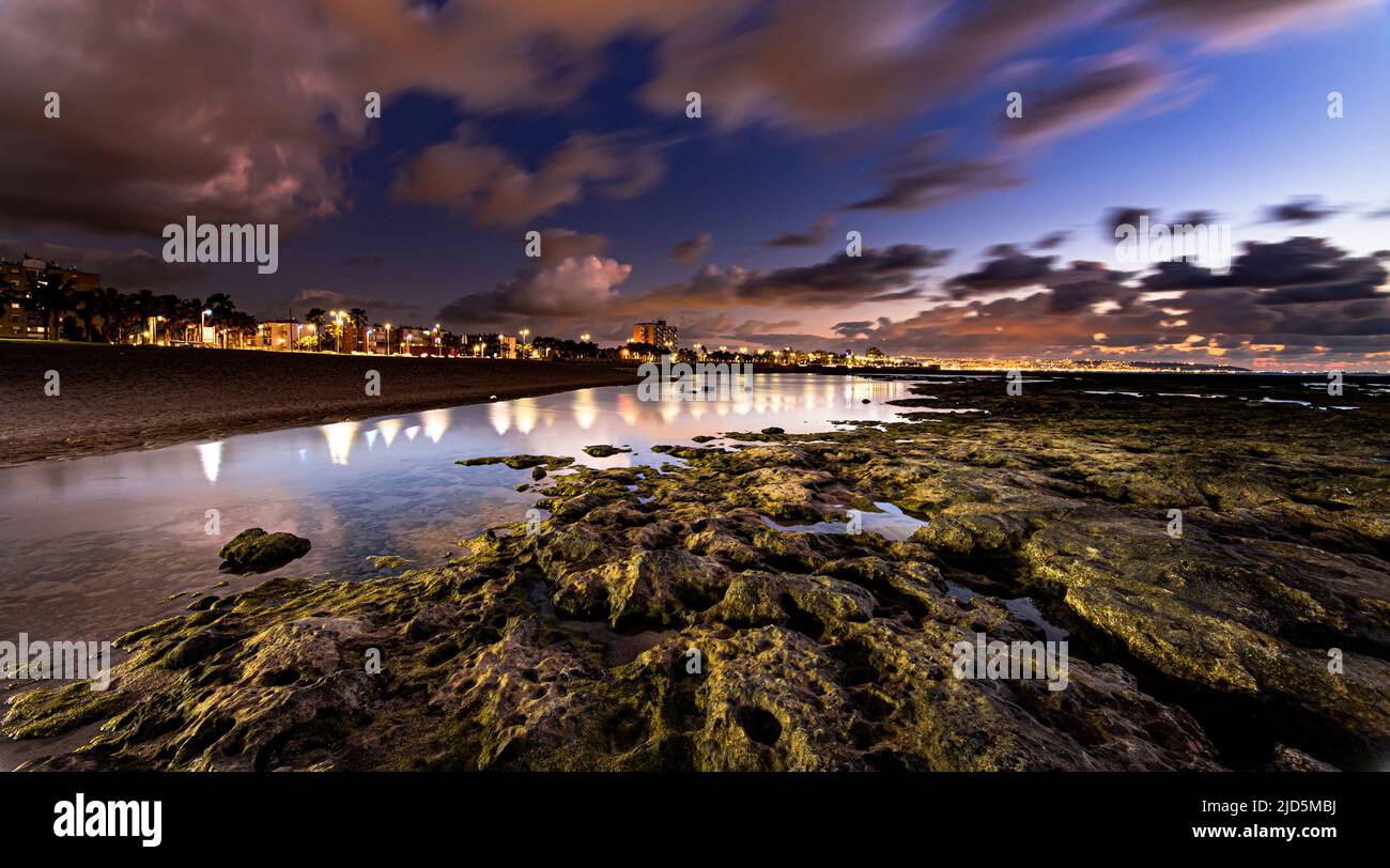 Night view along the coast of Acre - Israel Stock Photo