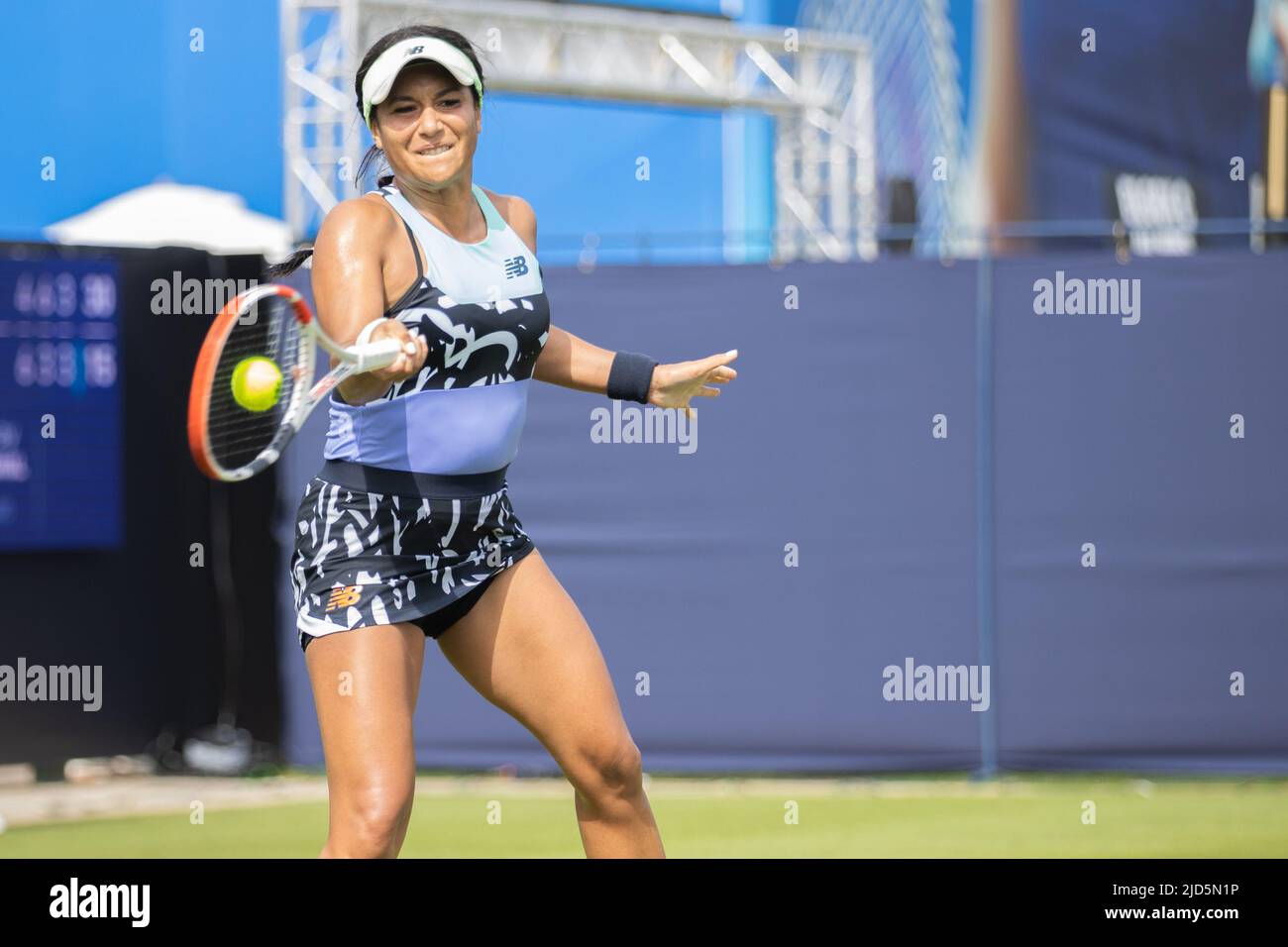 Heather Watson of Great Britain playing single handed forehand in her game  with Urszula Radwanska of Poland on Court 2 at Devonshire Park, Eastbourne  Stock Photo - Alamy