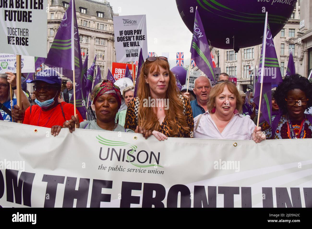 London, UK. 18th June 2022. Labour deputy leader Angela Rayner and Christina McAnea, General Secretary of UNISON, march in Regent Street. Thousands of people and various trade unions and groups marched through central London in protest against the cost of living crisis, the Tory Government, the Rwanda refugee scheme and other issues. Credit: Vuk Valcic/Alamy Live News Stock Photo