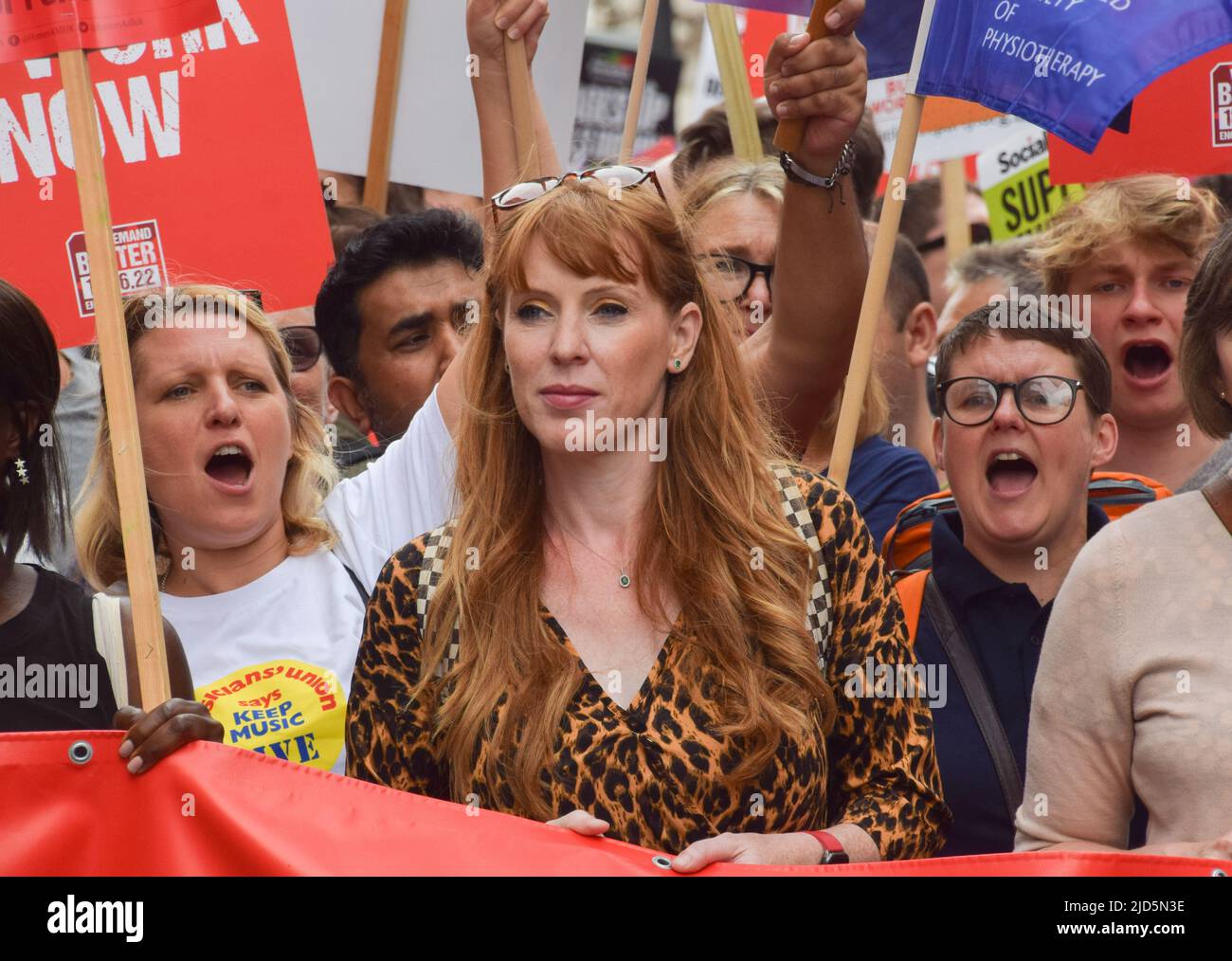 London, UK. 18th June 2022. Labour deputy leader Angela Rayner with protesters in Trafalgar Square. Thousands of people and various trade unions and groups marched through central London in protest against the cost of living crisis, the Tory Government, the Rwanda refugee scheme and other issues. Credit: Vuk Valcic/Alamy Live News Stock Photo