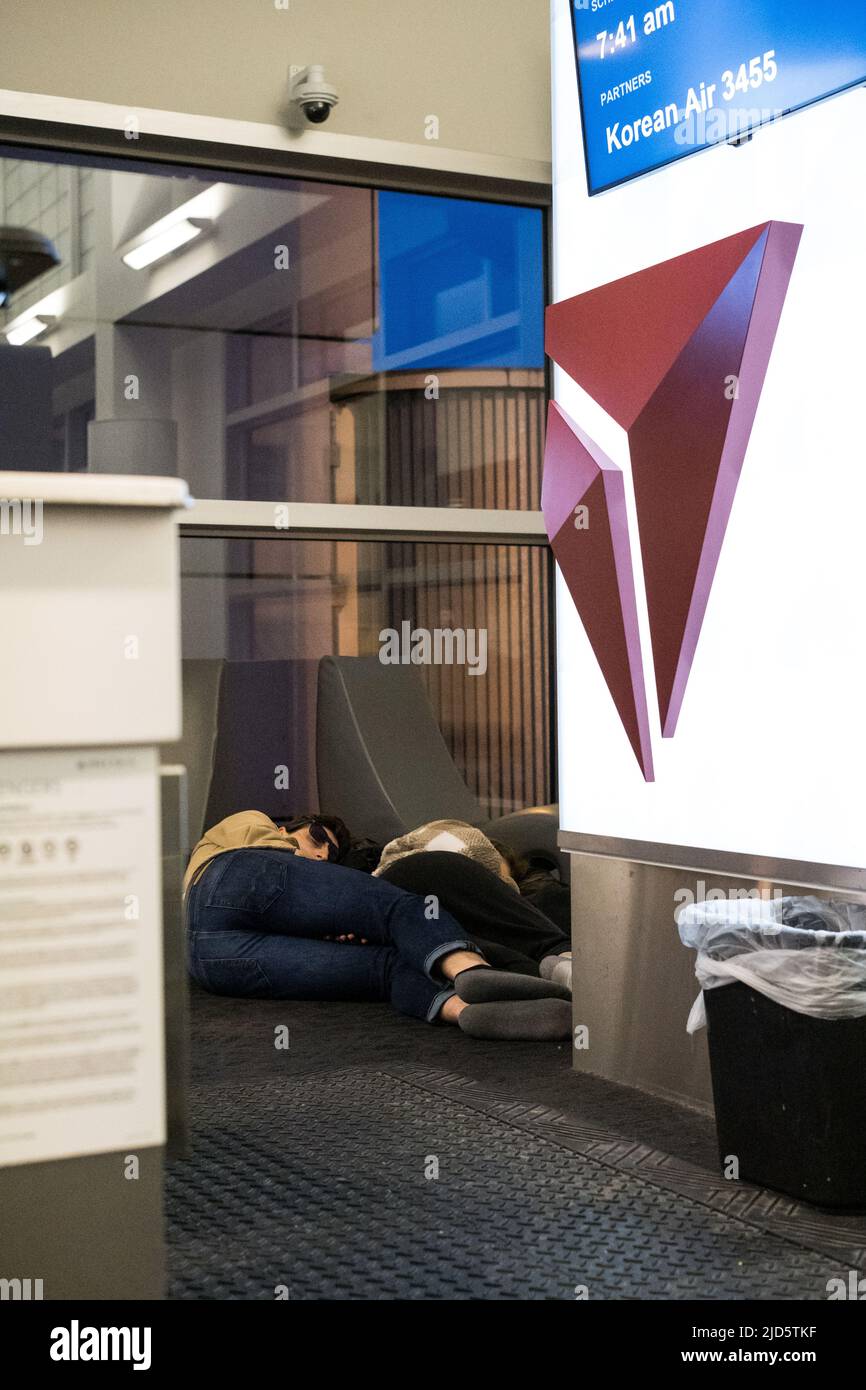 Seattle, USA. 5 May, 2022. People sleeping at Setac airport early in