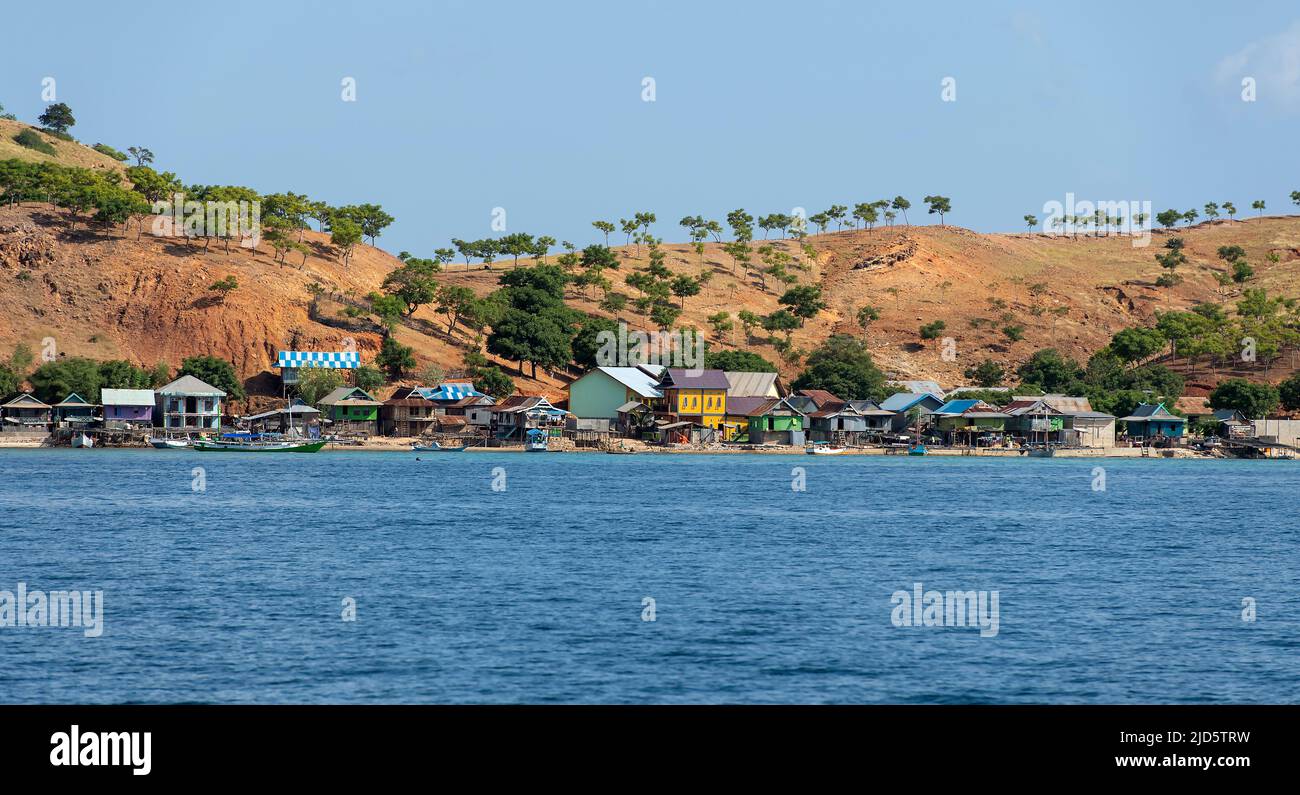 Settlement on the island Pulau Papagarang (Komodo Islands, East Nusa Tenggara), Indonesia. Stock Photo