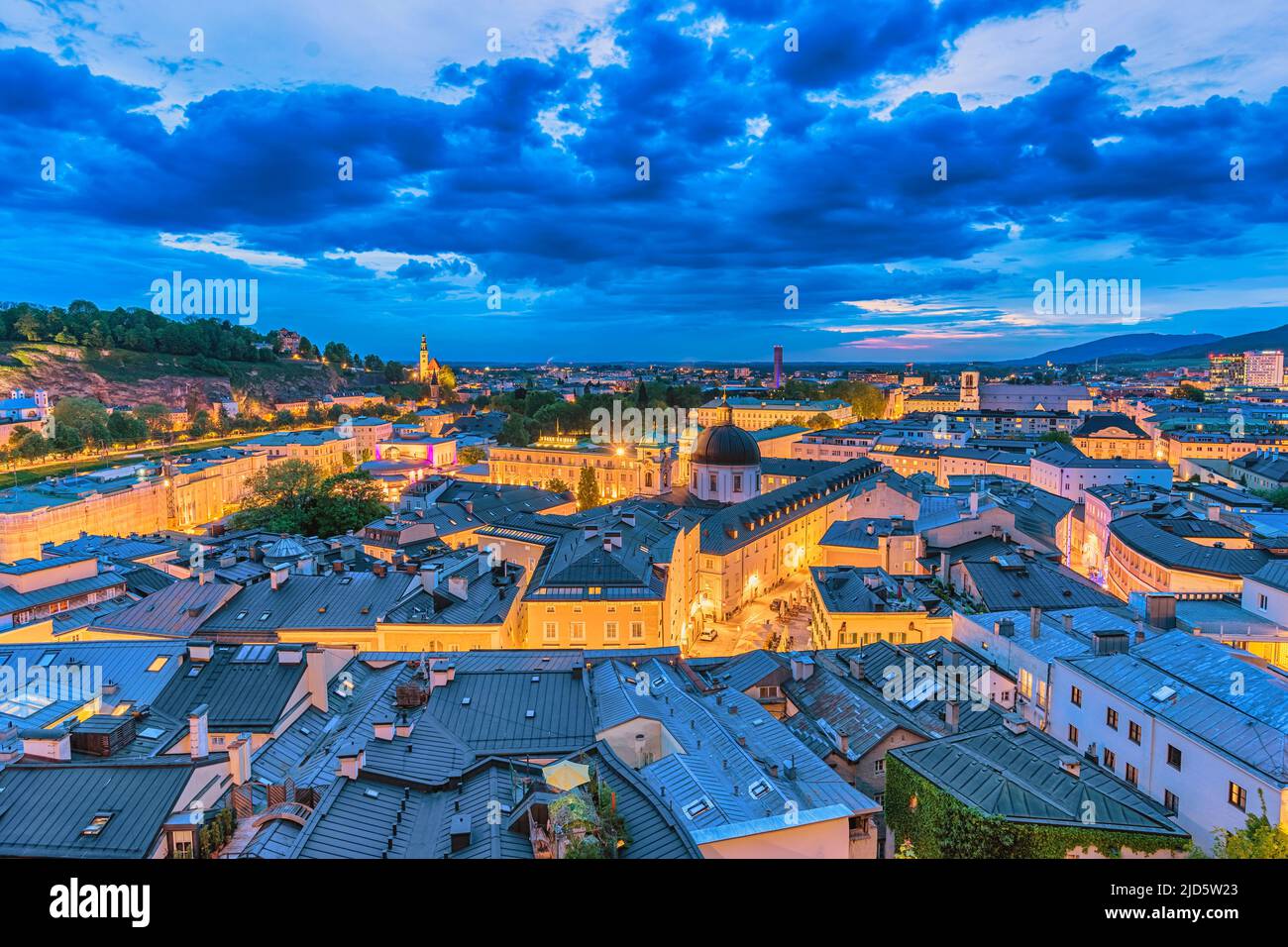 Salzburg Austria, night city skyline of Salzburg city center Stock Photo