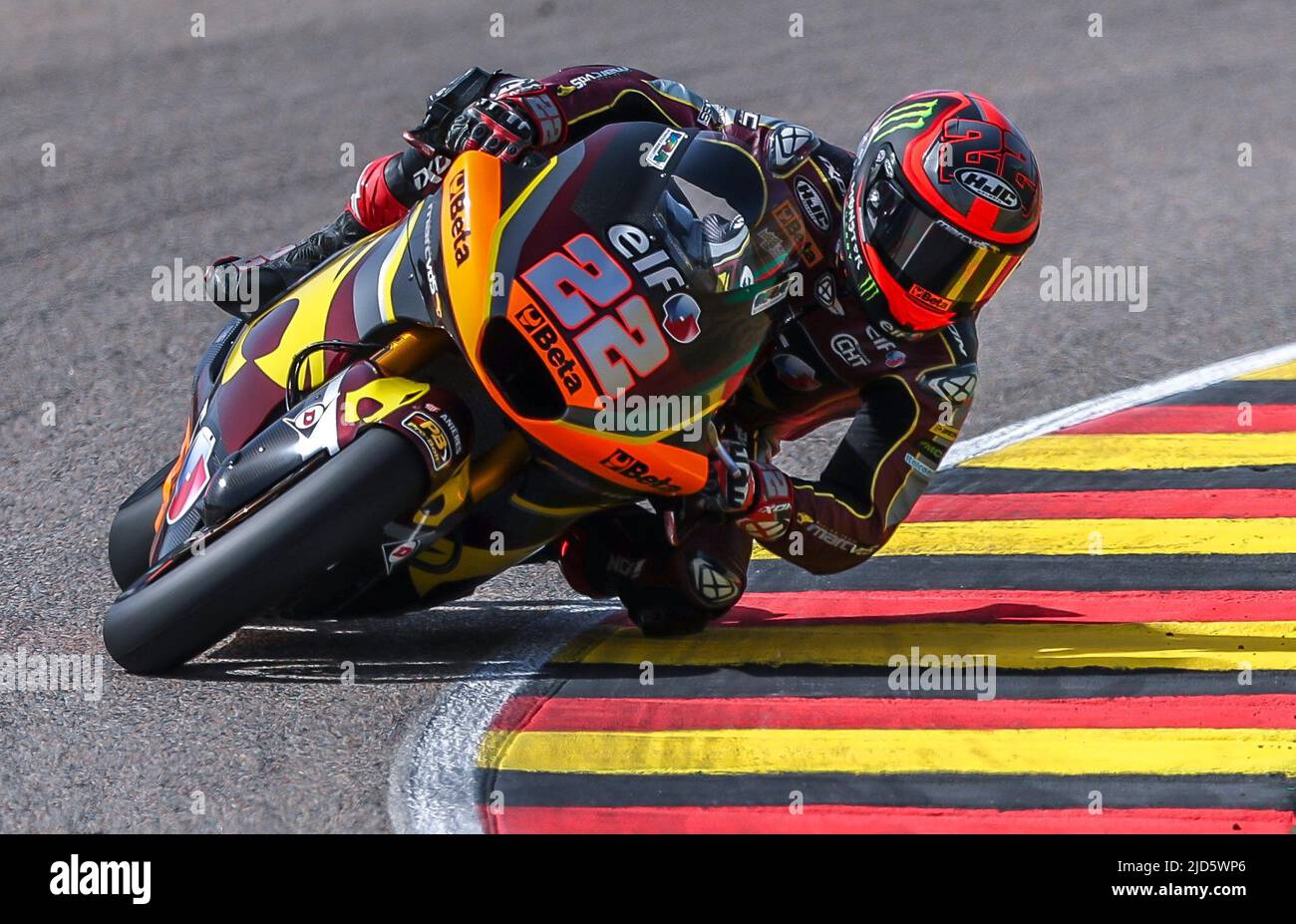 Hohenstein Ernstthal, Germany. 18th June, 2022. Motorsport/Motorcycle, German Grand Prix, Moto2, qualifying at the Sachsenring. Sam Lowes from Great Britain of the Elf Marc VDS Racing Team drives around the track. Credit: Jan Woitas/dpa/Alamy Live News Stock Photo
