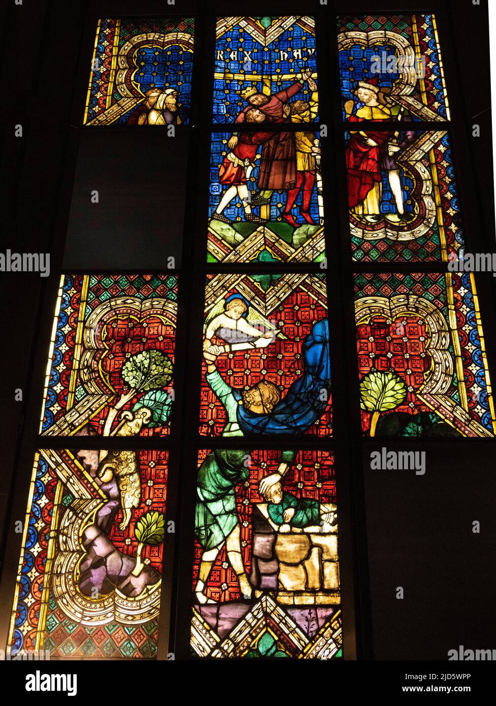 Stained glass windows (c. 1371) from the Minorite Church, Regensburg, Bavarian National Museum (German: Bayerisches Nationalmuseum) , Munich, Germany Stock Photo