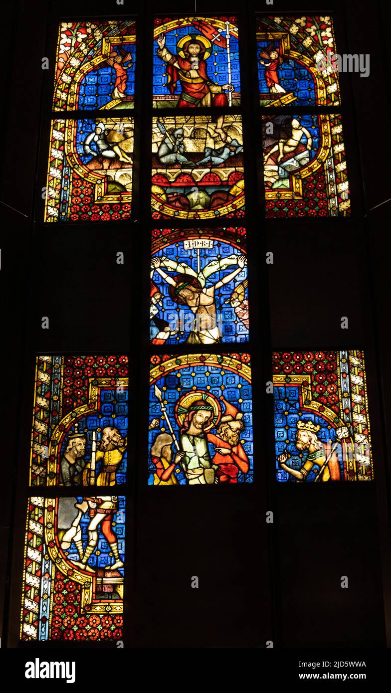 Stained glass windows (c. 1350) from the Minorite Church, Regensburg, Bavarian National Museum (German: Bayerisches Nationalmuseum) , Munich, Germany Stock Photo