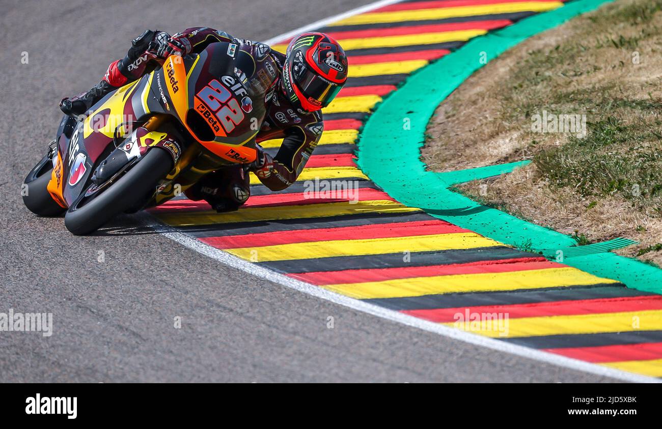Hohenstein Ernstthal, Germany. 18th June, 2022. Motorsport/Motorcycle, German Grand Prix, Moto2, qualifying at the Sachsenring. Sam Lowes from Great Britain of the Elf Marc VDS Racing Team drives around the track. Credit: Jan Woitas/dpa/Alamy Live News Stock Photo