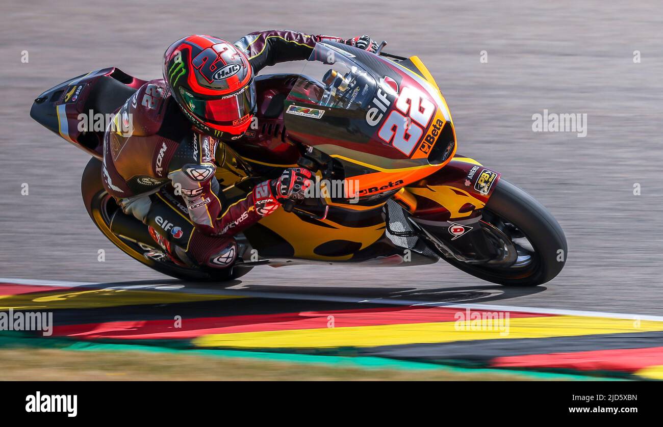 Hohenstein Ernstthal, Germany. 18th June, 2022. Motorsport/Motorcycle, German Grand Prix, Moto2, qualifying at the Sachsenring. Sam Lowes from Great Britain of the Elf Marc VDS Racing Team drives around the track. Credit: Jan Woitas/dpa/Alamy Live News Stock Photo