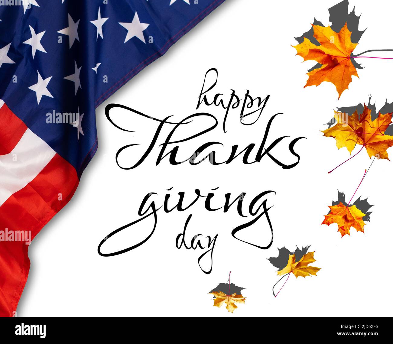 Happy Thanksgiving. USA American flag. Fall decor with autumn leaves