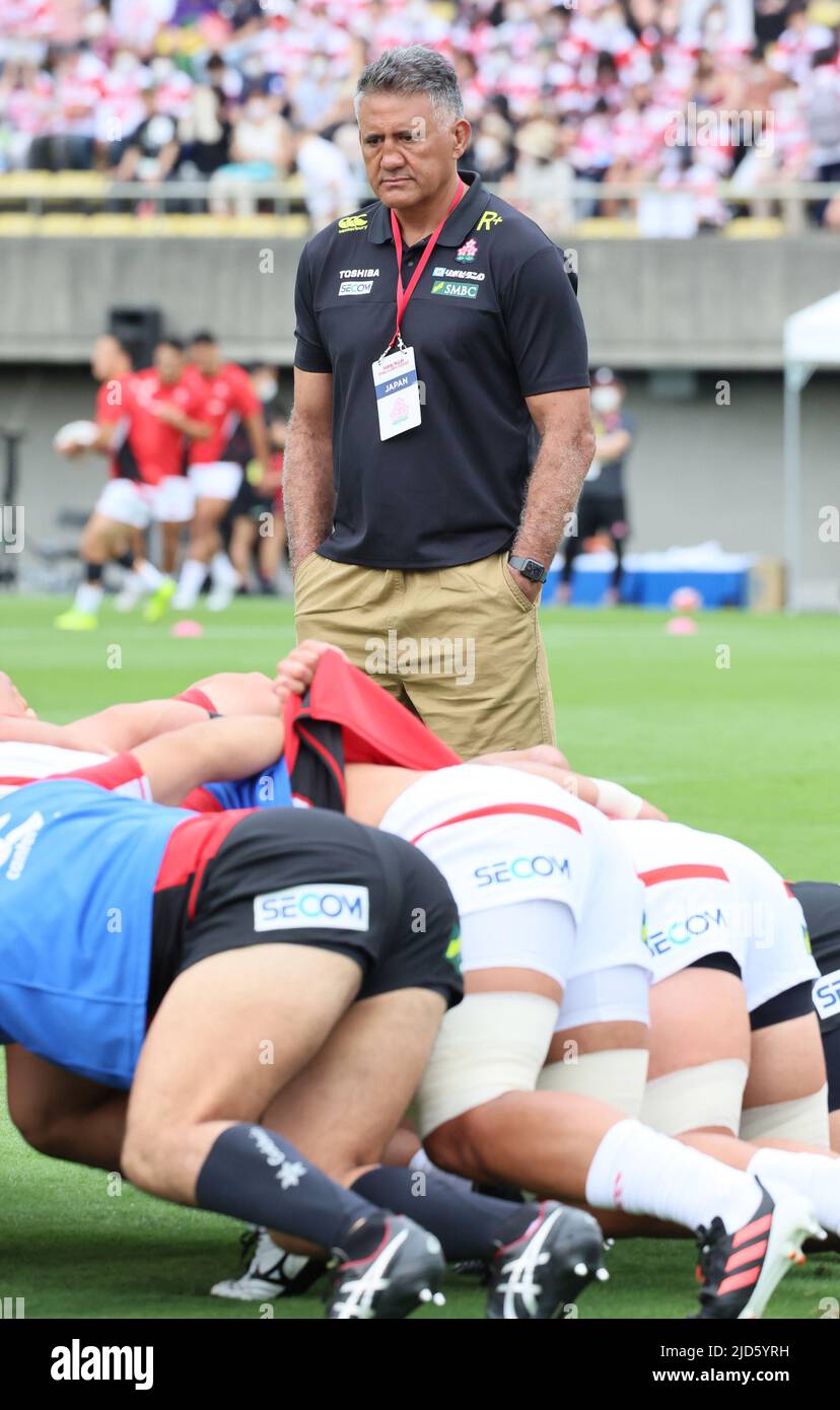 Tokyo, Japan. 18th June, 2022. Japan's head coach Jamie Joseph watches players' warm-up before starting an international rugby match between Japan and Uruguay at the Prince Chichibu rugby stadium in Tokyo on Saturday, June 18, 2022. Japan defeated Uruguay 34-15. Credit: Yoshio Tsunoda/AFLO/Alamy Live News Stock Photo
