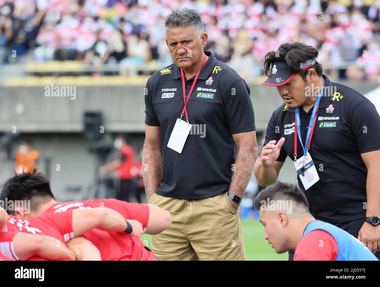 Tokyo, Japan. 18th June, 2022. Japan's head coach Jamie Joseph watches players' warm-up before starting an international rugby match between Japan and Uruguay at the Prince Chichibu rugby stadium in Tokyo on Saturday, June 18, 2022. Japan defeated Uruguay 34-15. Credit: Yoshio Tsunoda/AFLO/Alamy Live News Stock Photo