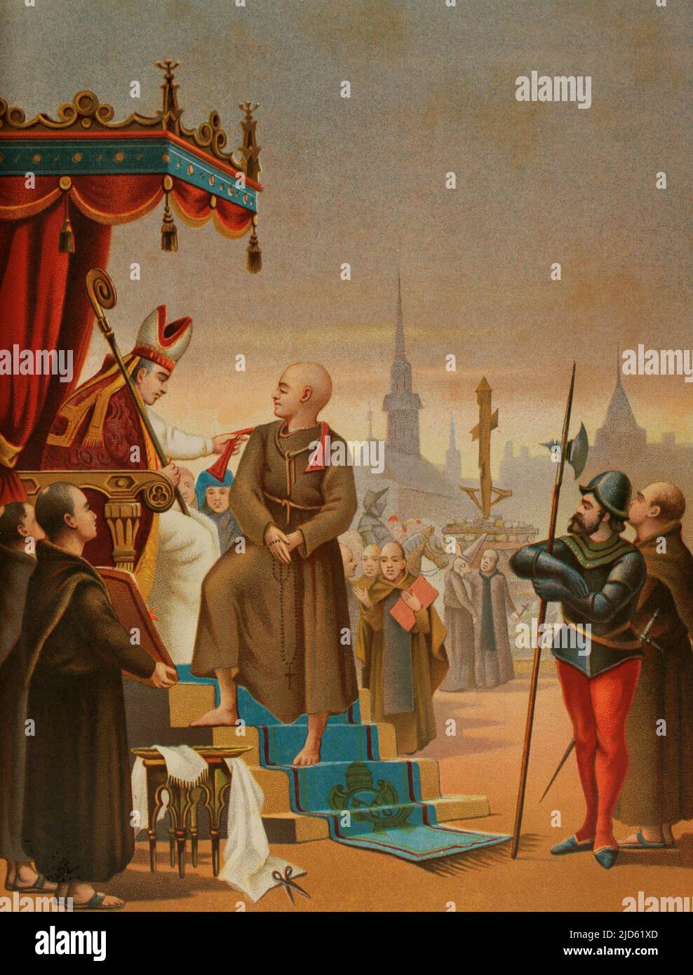 Girolamo Savonarola (1452-1498). Italian Dominican friar and preacher. Organiser of the Bonfire of the Vanities. Excommunicated and executed by the Tribunal of the Holy Inquisition. Degradation of Savonarola. Chromolithography. 'Historia Universal' (Universal History), by César Cantú. Volume VII. Published in Barcelona, 1886. Stock Photo