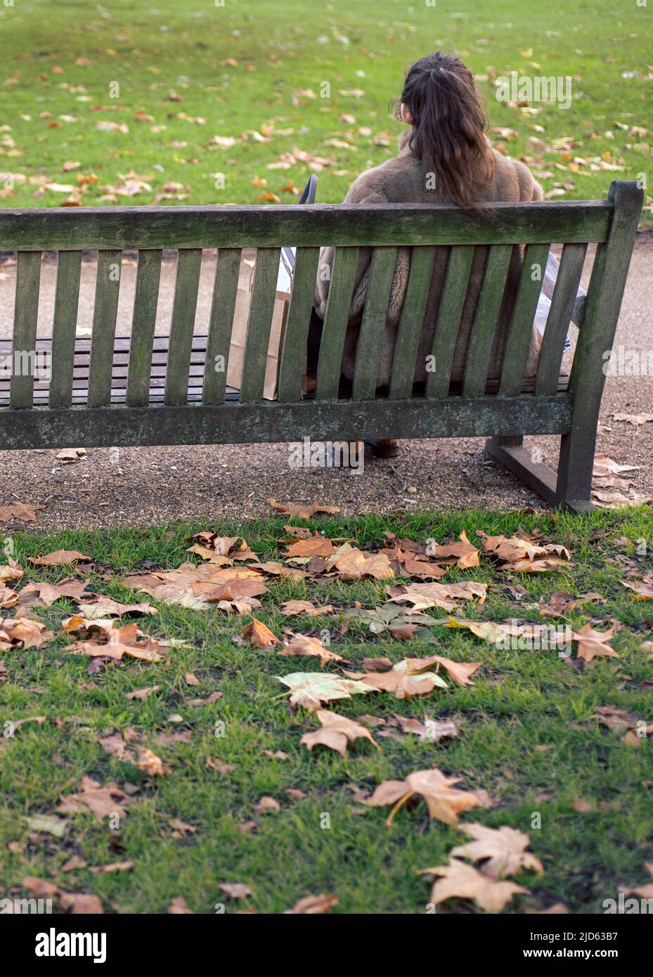 Woman sitting on a park bench in the autumn, surrounded by leaves on ...