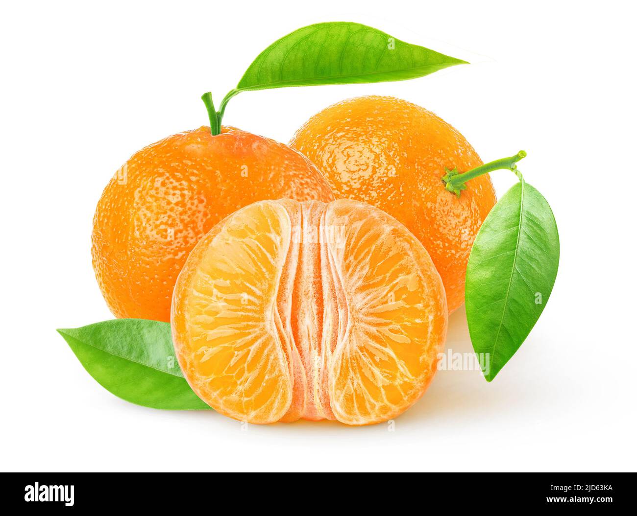 Two whole tangerine fruits and peeled half isolated on white background Stock Photo