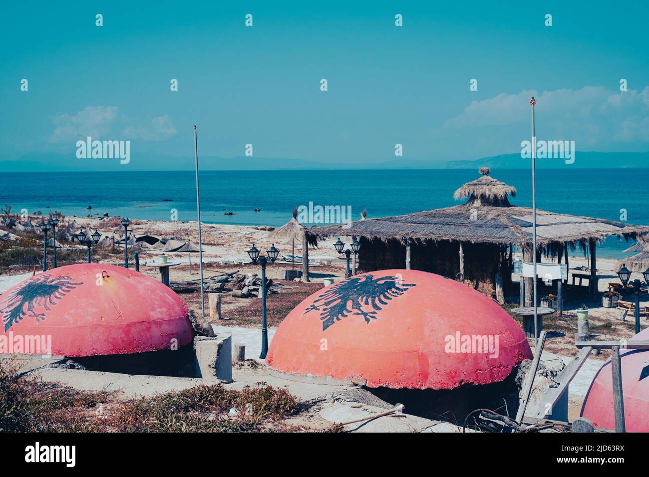Bunkers on Cape of Rodon beach. Sightseeing and vacation in Albania Stock Photo