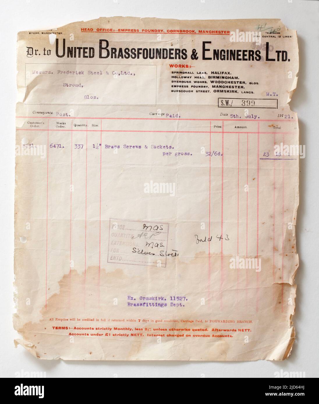 1921 Business Receipt for Brass Screws and Sockets from United Brassfounders & Engineers Stock Photo