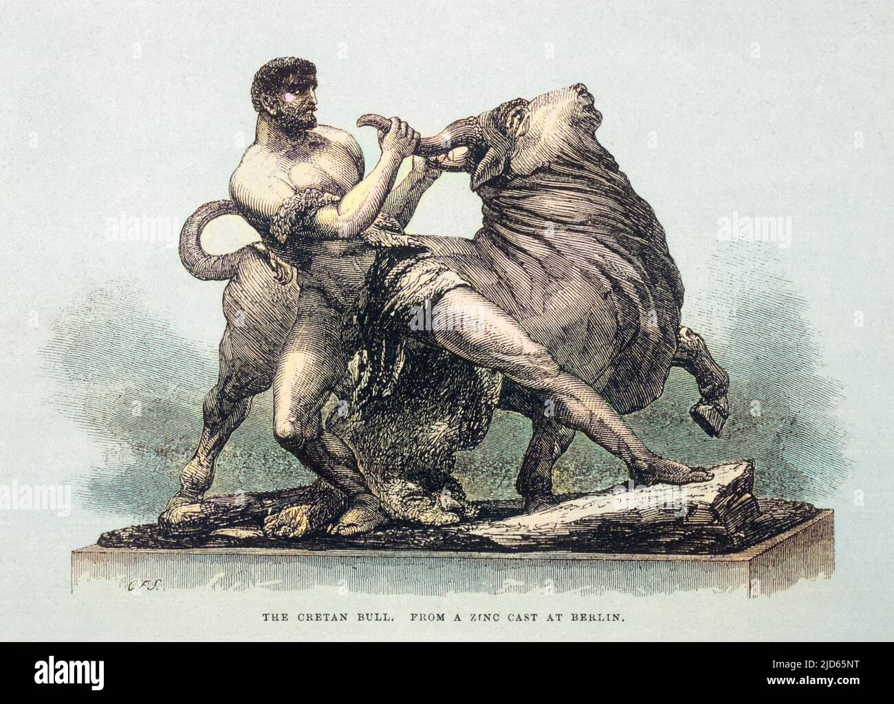 Hercules captures the Cretan Bull which was given to King Minos by Poseidon. (The Minotaur was the offspring of the wife of King Minos and the Cretan bull she so admired). Colourised version of : 10002541 Stock Photo