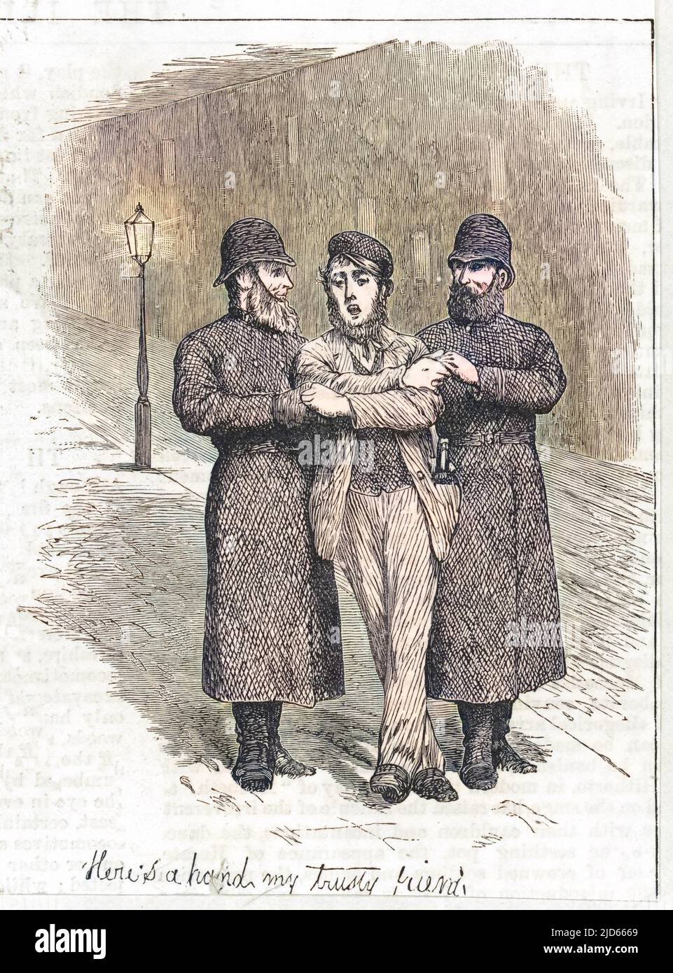 Two policemen guide a drunken man home -- 'Here's a hand my trusty friend'. He rewards their kindness by singing all the way home! Colourised version of : 10005227       Date: 1889 Stock Photo
