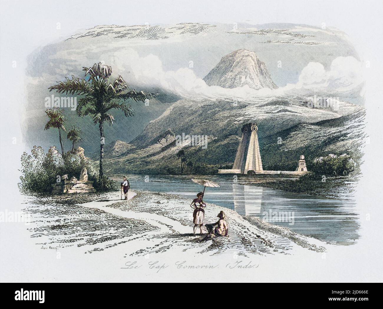 View of Kanyakumari (Cape Comorin), the southernmost tip of India. Colourised version of : 10005096       Date: 1846 Stock Photo