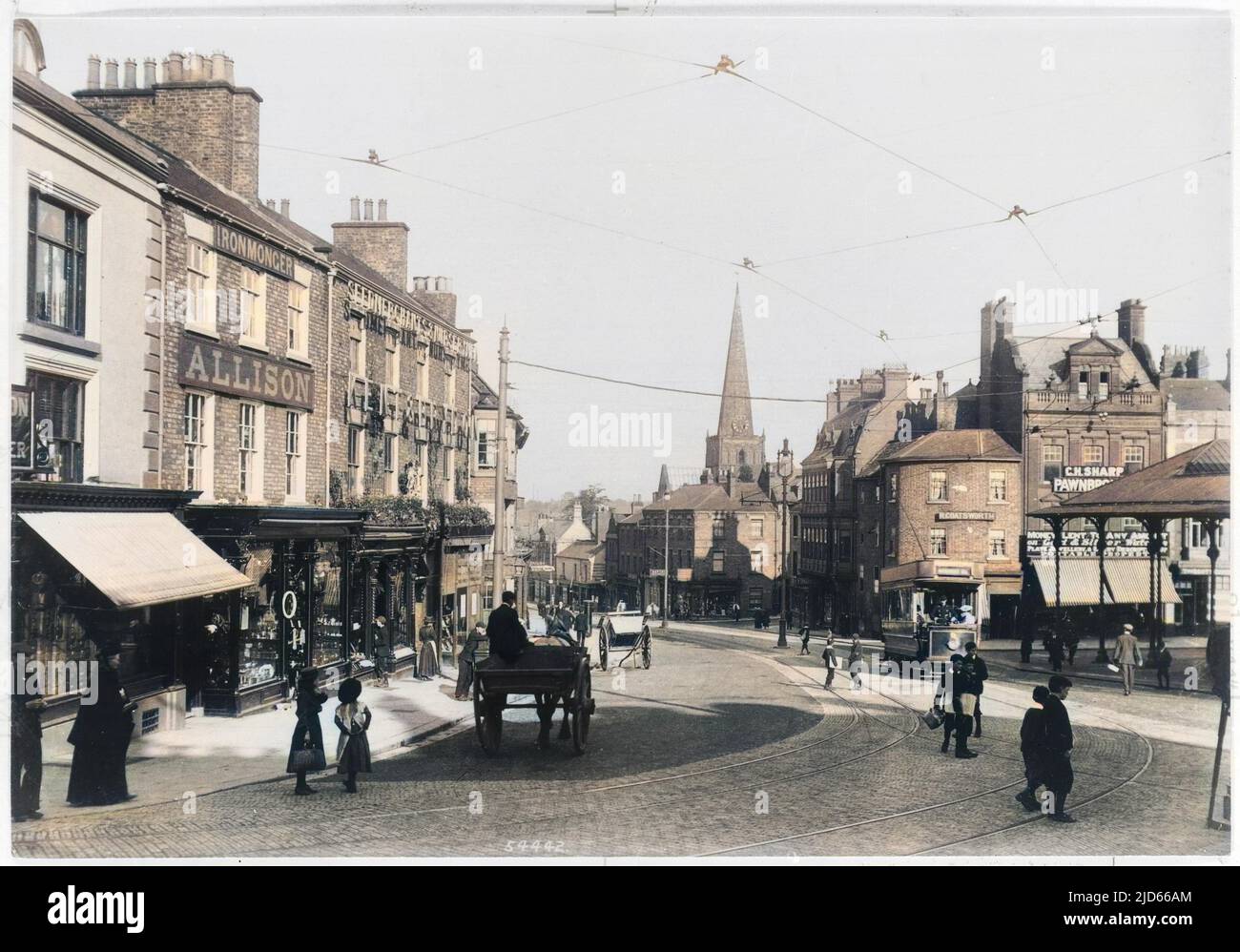 A sunny street scene in Darlington, County Durham. Colourised version