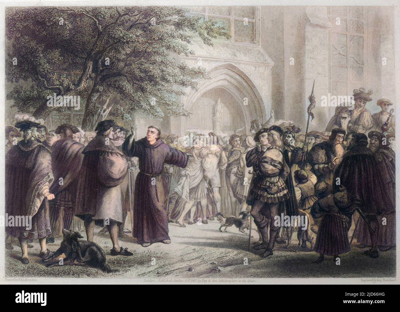Luther nails up his 95 Theses at Wittenberg Colourised version of : 10008730       Date: 1517 Stock Photo