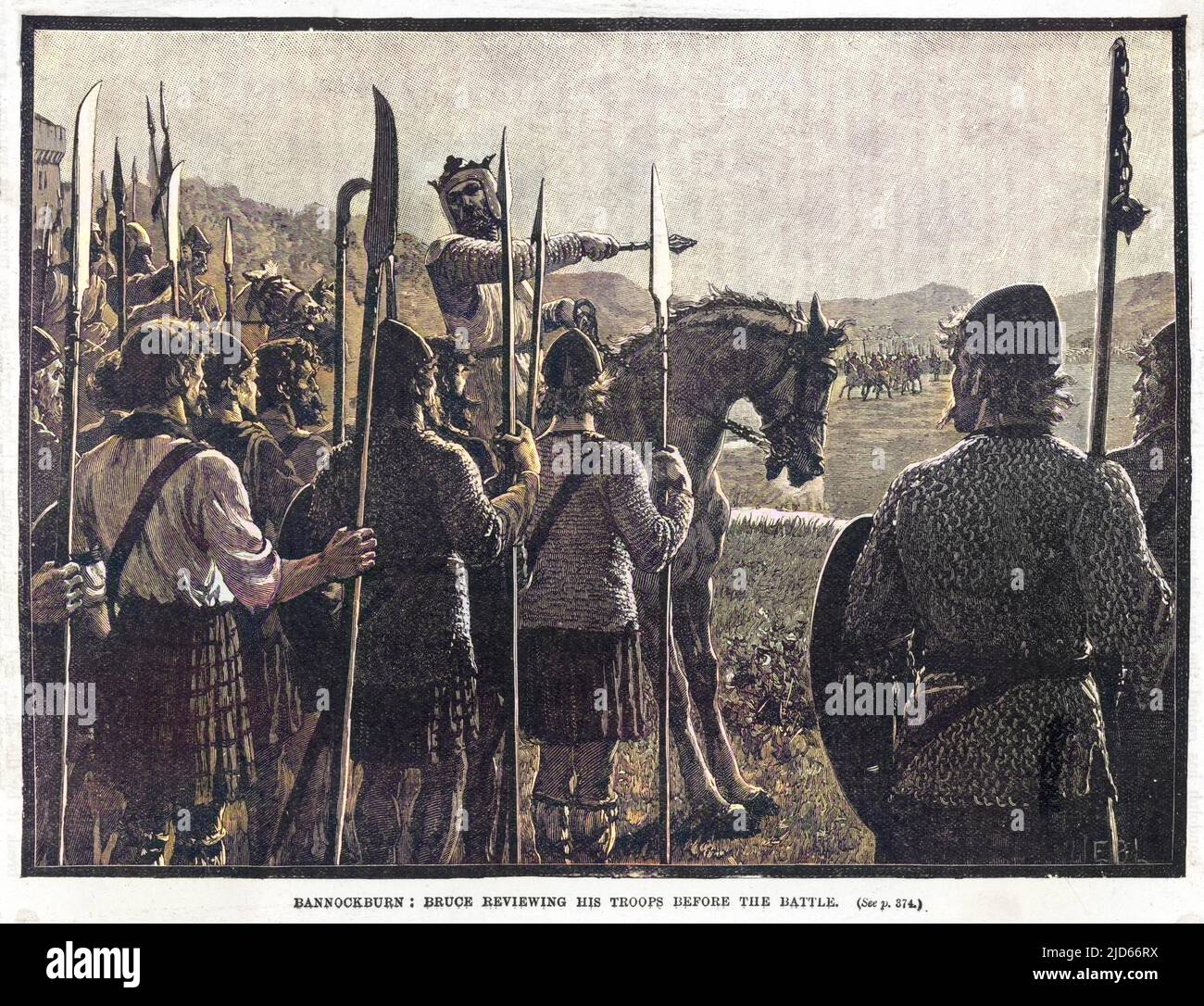 Before the battle, King Robert de Bruce VIII reviews the Scottish army, who proceed to defeat the English Colourised version of : 10011377       Date: 24 June 1314 Stock Photo