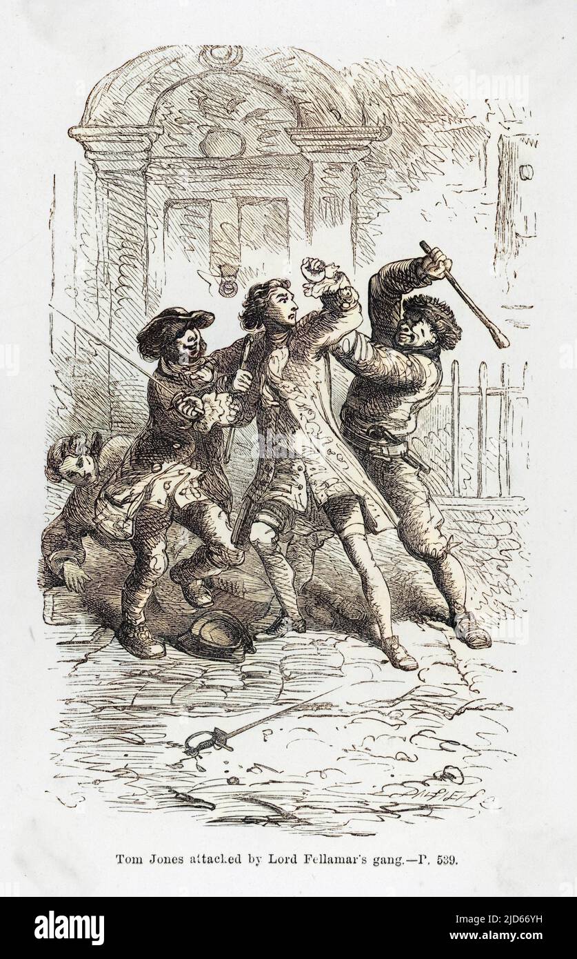 Tom is attacked in the street by Lord Fellamar's gang. Colourised version of : 10011823       Date: First published: 1749 Stock Photo