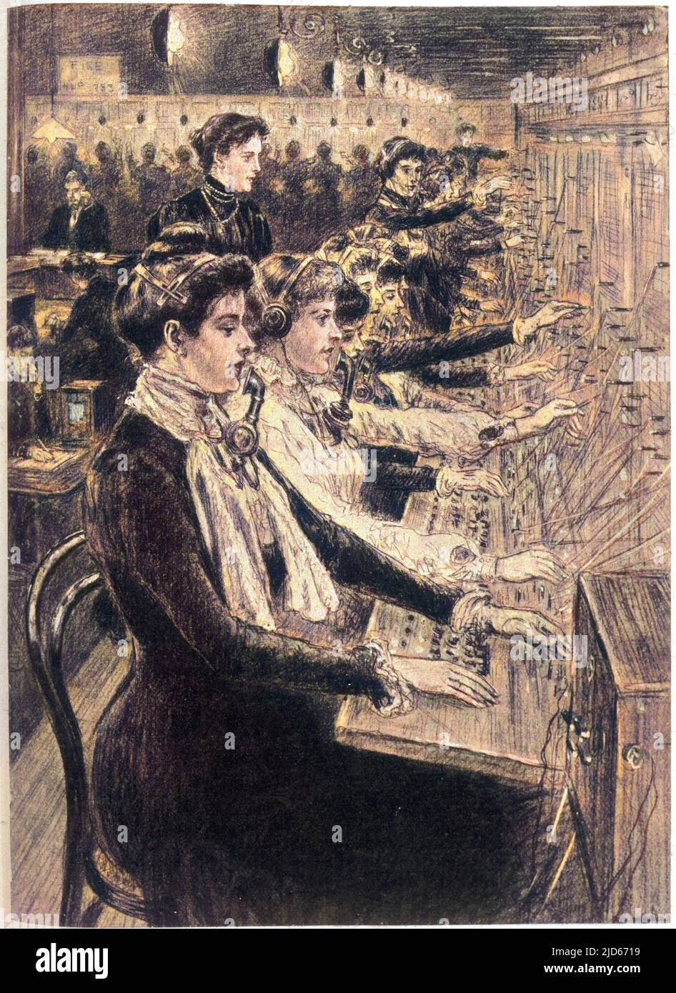 Girls working in a manual telephone exchange Colourised version of