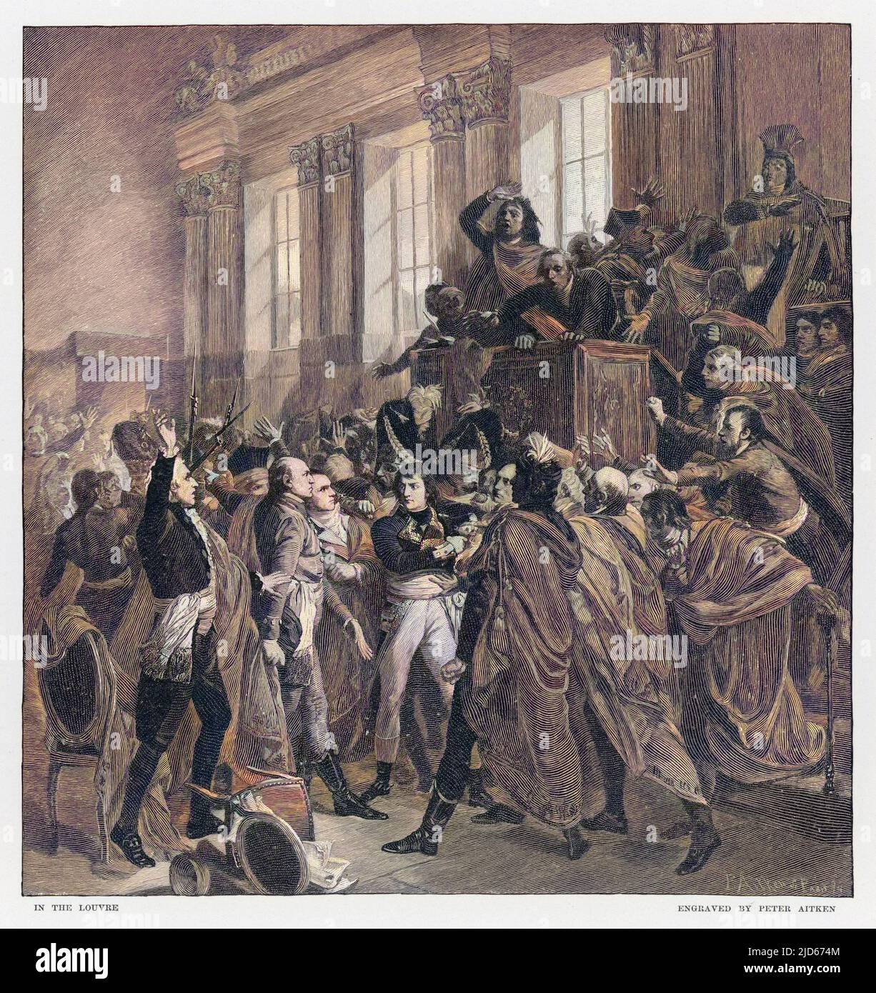 THE 19TH BRUMAIRE Napoleon's coup d'etat : he dissolves the Conseil du 500 at Saint-Cloud and overthrows the Directoire Colourised version of : 10013139       Date: 10 November 1799 Stock Photo