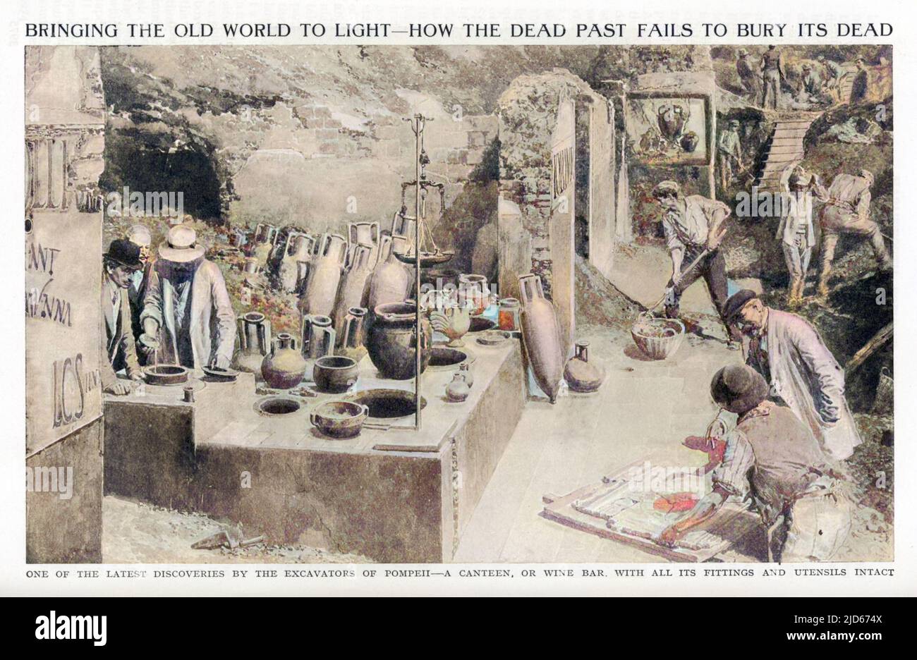 Discovery of a wine bar during excavations in Pompeii, with all its fittings and utensils intact Colourised version of : 10013842       Date: circa 1912 Stock Photo