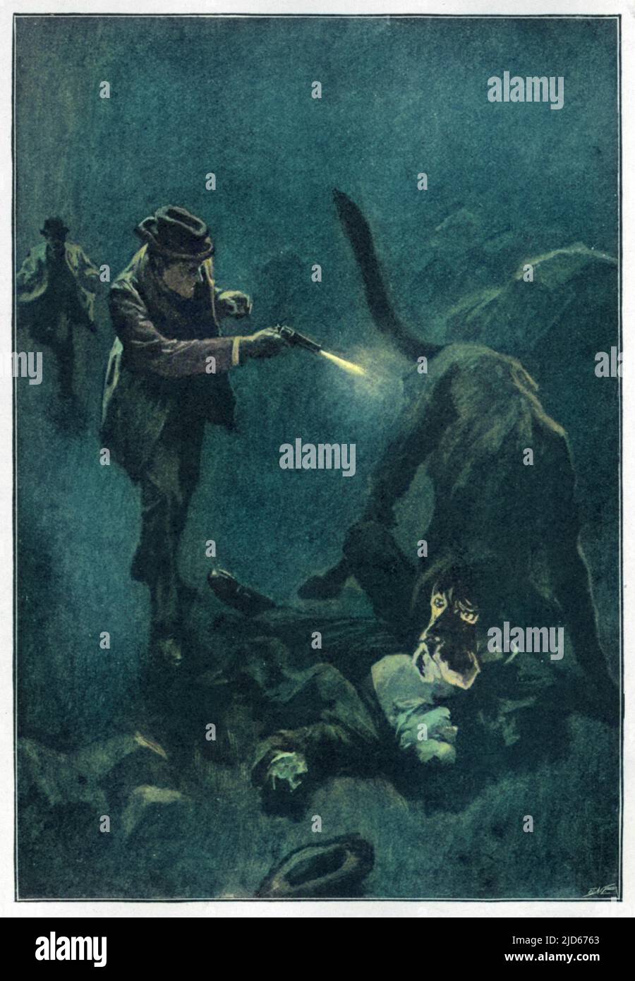 THE HOUND OF THE BASKERVILLES Holmes shoots the sinister hound: 'Holmes emptied five barrels of his revolver into the creature's flank'. Colourised version of : 10014174       Date: First published: 1901-2 Stock Photo