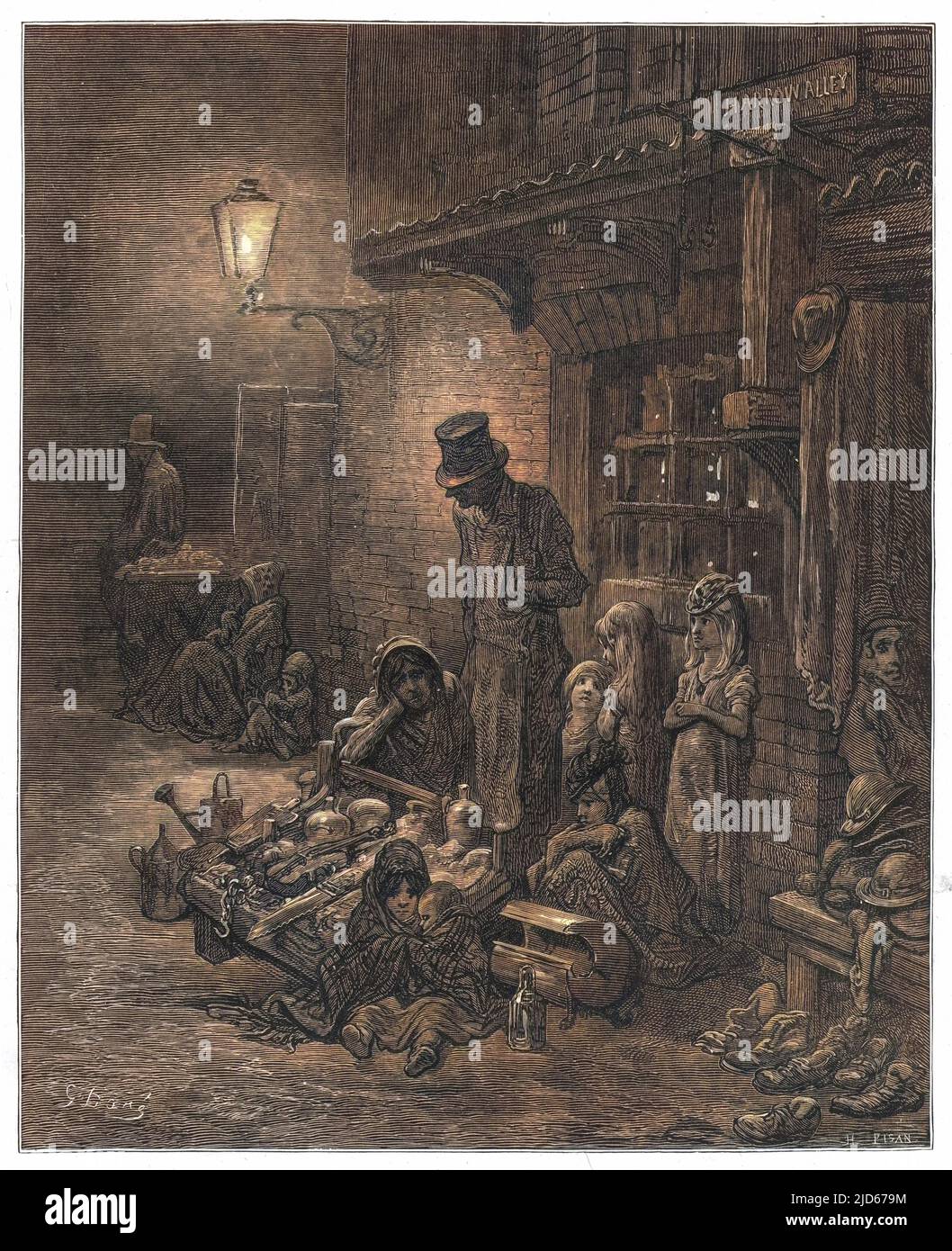 Houndsditch on a foggy evening - pavement traders hoping for a customer Colourised version of : 10015237       Date: 1870 Stock Photo