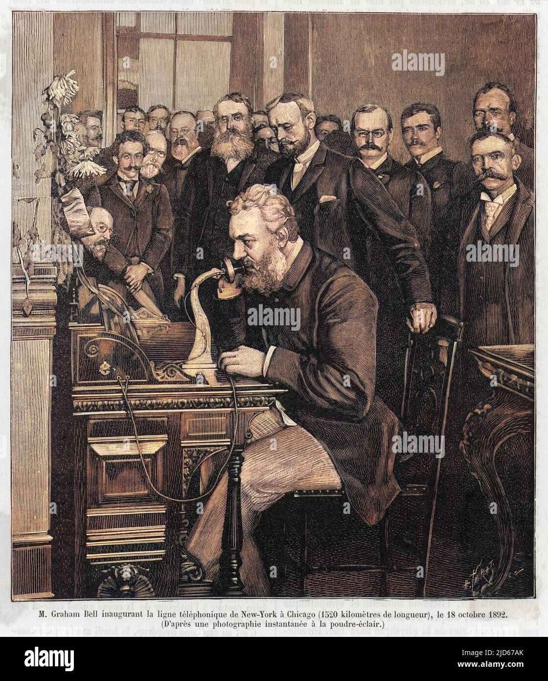 ALEXANDER GRAHAM BELL (1847 - 1922), American inventor and educator inaugurates the New York- Chicago telephone on October 18th 1892. Colourised version of : 10015887 Stock Photo