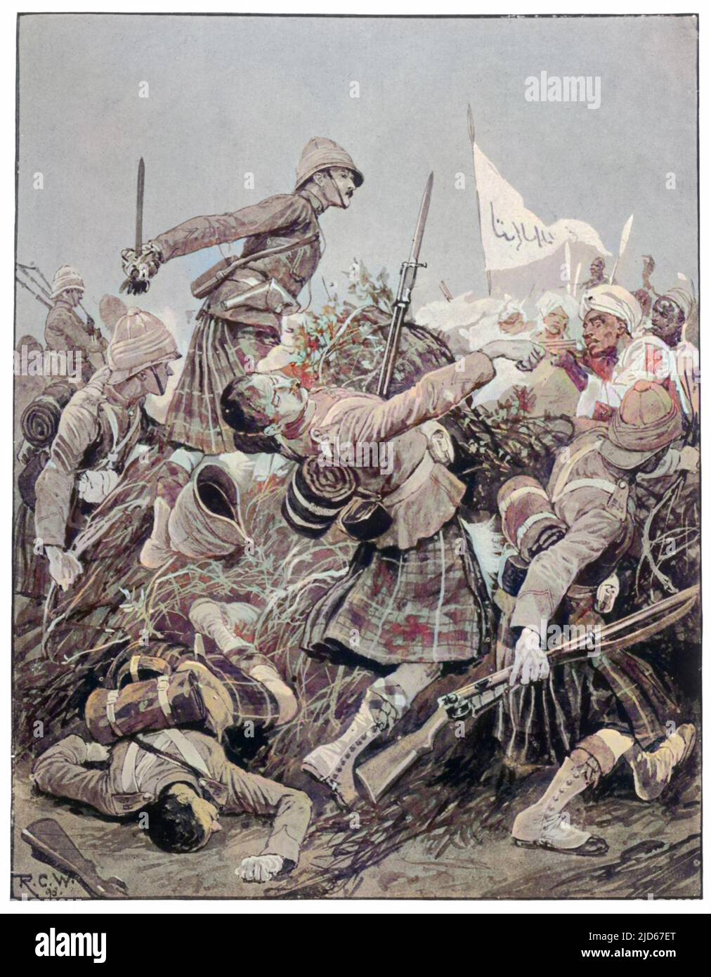 The Seaforth Highlanders storming the Zareba at the Battle of Atbara. Colourised version of : 10019272       Date: 8th April 1898 Stock Photo