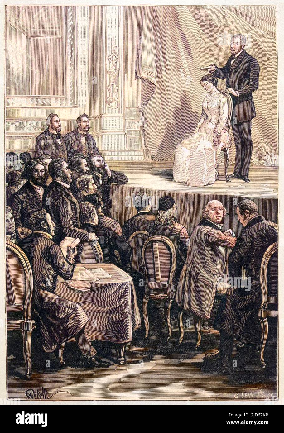 Dr J P Durand de Gros gives a demonstration of hypnosis to the scientific press, Paris Colourised version of : 10022291       Date: 1887 Stock Photo