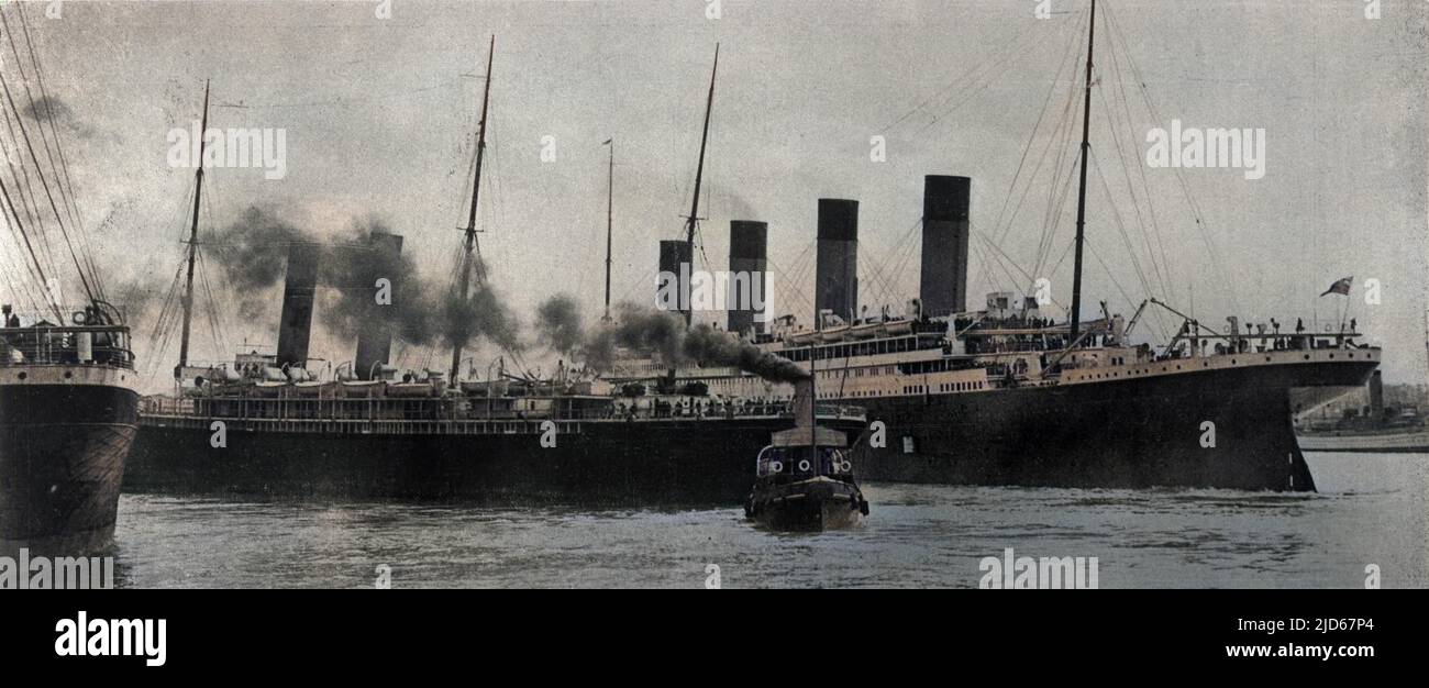 A bad omen: as the Titanic leaves Southampton, the steamer New York accidentally breaks its moorings. Captain Smith stops Titanic's engines and a collision is avoided. Colourised version of : 10029528       Date: 10-Apr-12 Stock Photo