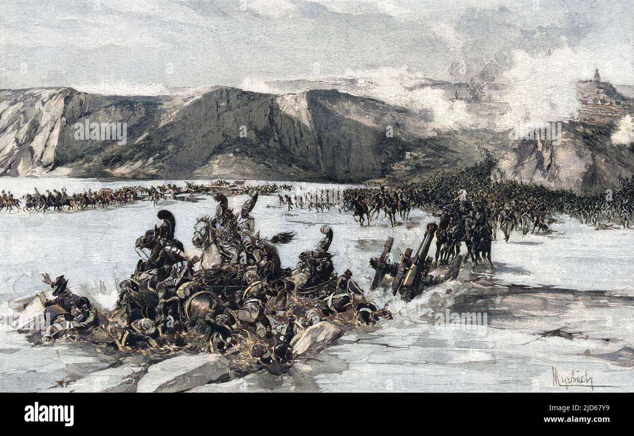 AUSTERLITZ Following up on their victory, the French engulf the enemy retreating across the Satschan Lake Colourised version of : 10038168       Date: 2 December 1805 Stock Photo