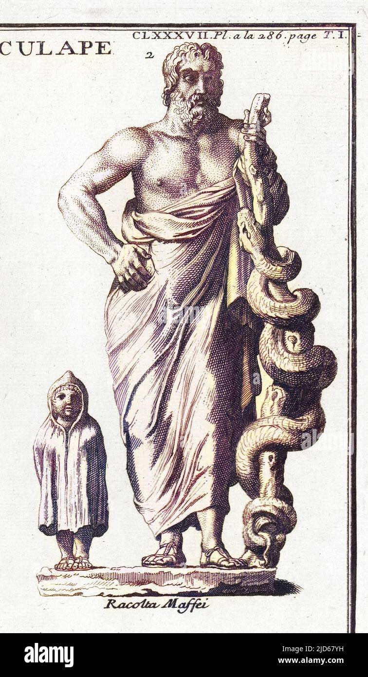 Greek - Roman god of medicine and healing : the serpent twined round a staff was his attribute Colourised version of : 10043185 Stock Photo
