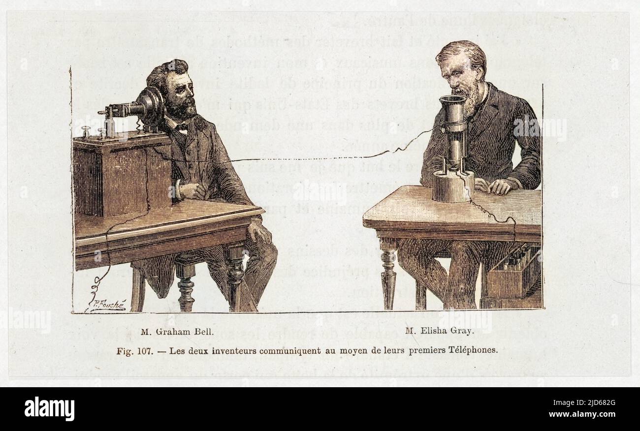 An imaginary conversation between Alexander Graham Bell and Elisha Gray, using their own telephone devices Colourised version of : 10051134 Stock Photo