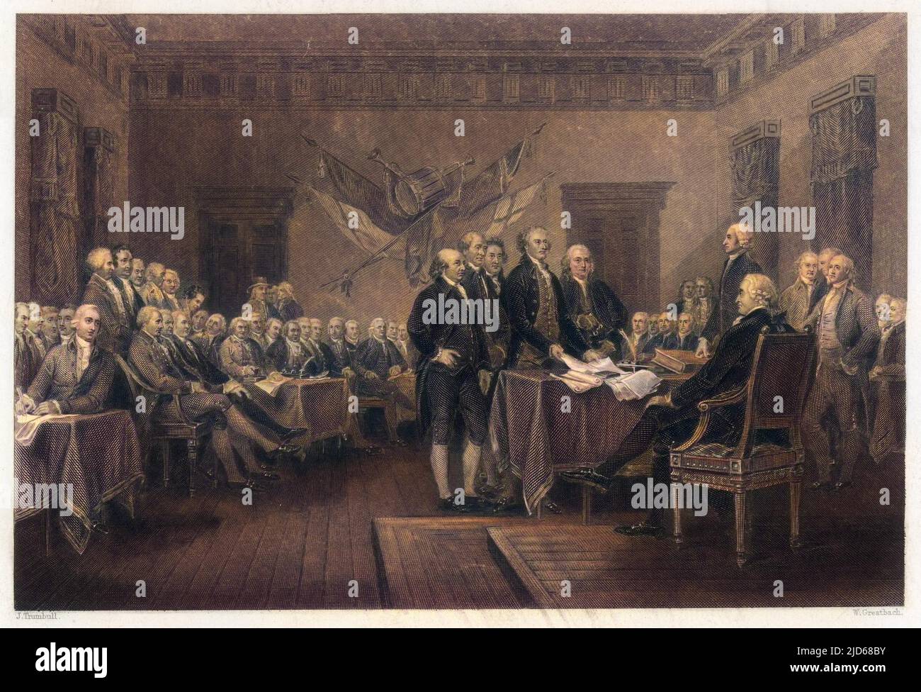 The signing of the Declaration of Independence in Philadelphia Colourised version of : 10086290       Date: 4 July 1776 Stock Photo
